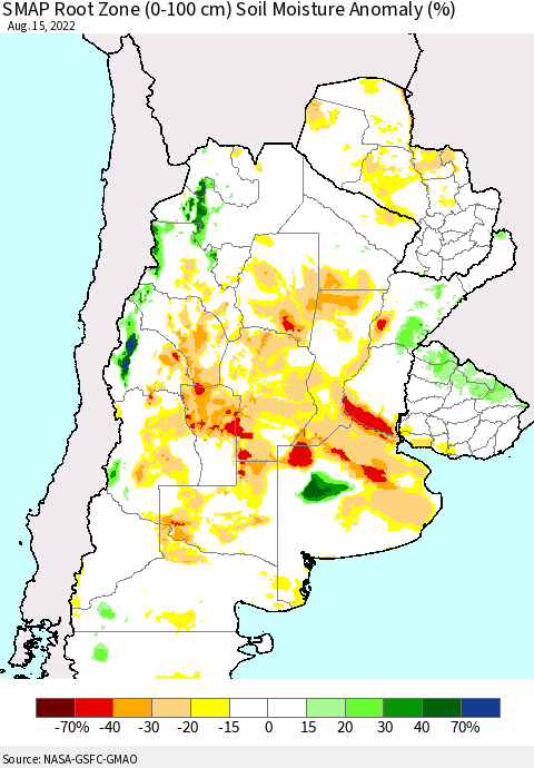 Southern South America SMAP Root Zone (0-100 cm) Soil Moisture Anomaly (%) Thematic Map For 8/11/2022 - 8/15/2022