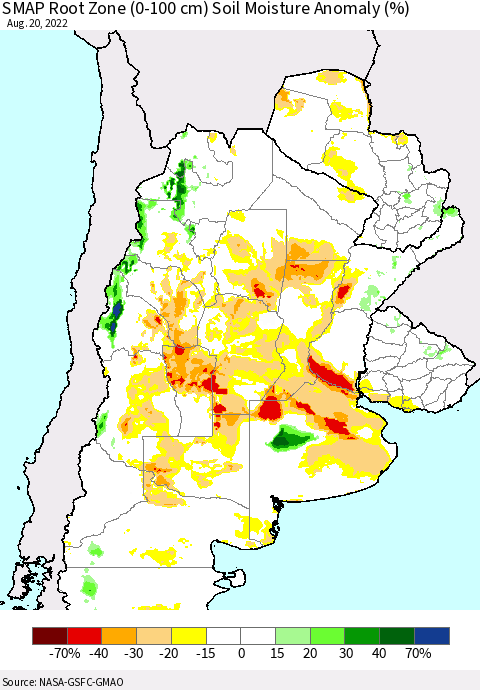 Southern South America SMAP Root Zone (0-100 cm) Soil Moisture Anomaly (%) Thematic Map For 8/16/2022 - 8/20/2022