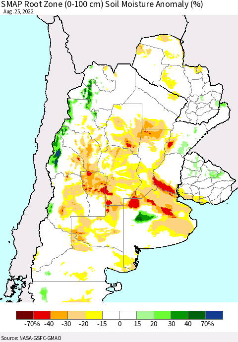 Southern South America SMAP Root Zone (0-100 cm) Soil Moisture Anomaly (%) Thematic Map For 8/21/2022 - 8/25/2022