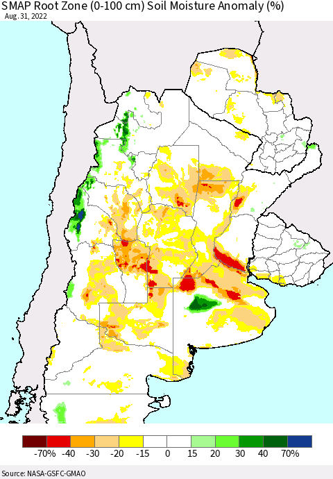 Southern South America SMAP Root Zone (0-100 cm) Soil Moisture Anomaly (%) Thematic Map For 8/26/2022 - 8/31/2022
