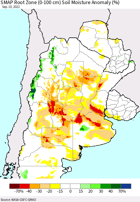 Southern South America SMAP Root Zone (0-100 cm) Soil Moisture Anomaly (%) Thematic Map For 9/6/2022 - 9/10/2022