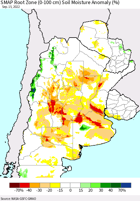 Southern South America SMAP Root Zone (0-100 cm) Soil Moisture Anomaly (%) Thematic Map For 9/11/2022 - 9/15/2022