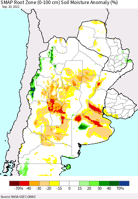 Southern South America SMAP Root Zone (0-100 cm) Soil Moisture Anomaly (%) Thematic Map For 9/16/2022 - 9/20/2022
