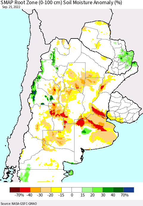 Southern South America SMAP Root Zone (0-100 cm) Soil Moisture Anomaly (%) Thematic Map For 9/21/2022 - 9/25/2022