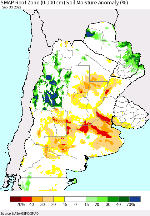 Southern South America SMAP Root Zone (0-100 cm) Soil Moisture Anomaly (%) Thematic Map For 9/26/2022 - 9/30/2022