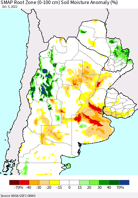 Southern South America SMAP Root Zone (0-100 cm) Soil Moisture Anomaly (%) Thematic Map For 10/1/2022 - 10/5/2022