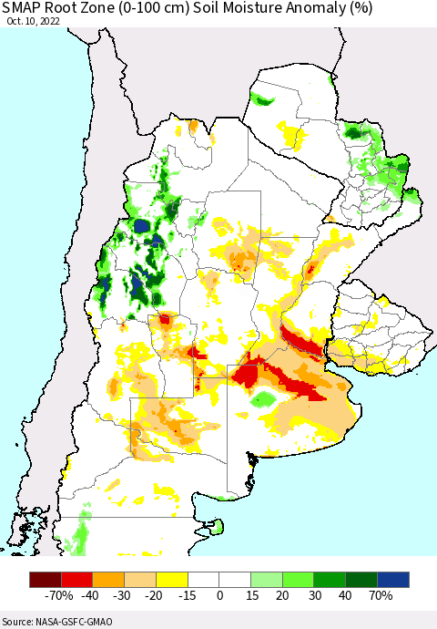 Southern South America SMAP Root Zone (0-100 cm) Soil Moisture Anomaly (%) Thematic Map For 10/6/2022 - 10/10/2022
