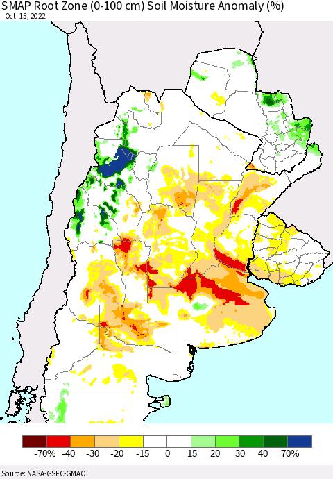 Southern South America SMAP Root Zone (0-100 cm) Soil Moisture Anomaly (%) Thematic Map For 10/11/2022 - 10/15/2022