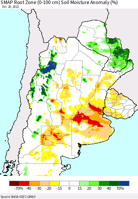 Southern South America SMAP Root Zone (0-100 cm) Soil Moisture Anomaly (%) Thematic Map For 10/16/2022 - 10/20/2022
