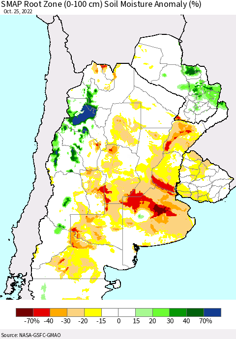 Southern South America SMAP Root Zone (0-100 cm) Soil Moisture Anomaly (%) Thematic Map For 10/21/2022 - 10/25/2022