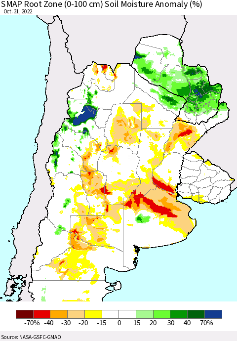 Southern South America SMAP Root Zone (0-100 cm) Soil Moisture Anomaly (%) Thematic Map For 10/26/2022 - 10/31/2022