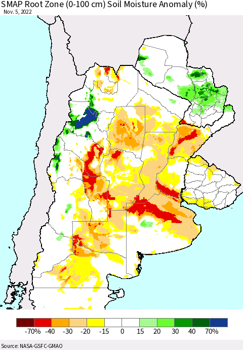 Southern South America SMAP Root Zone (0-100 cm) Soil Moisture Anomaly (%) Thematic Map For 11/1/2022 - 11/5/2022