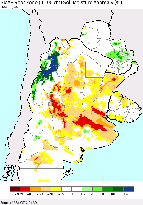 Southern South America SMAP Root Zone (0-100 cm) Soil Moisture Anomaly (%) Thematic Map For 11/6/2022 - 11/10/2022
