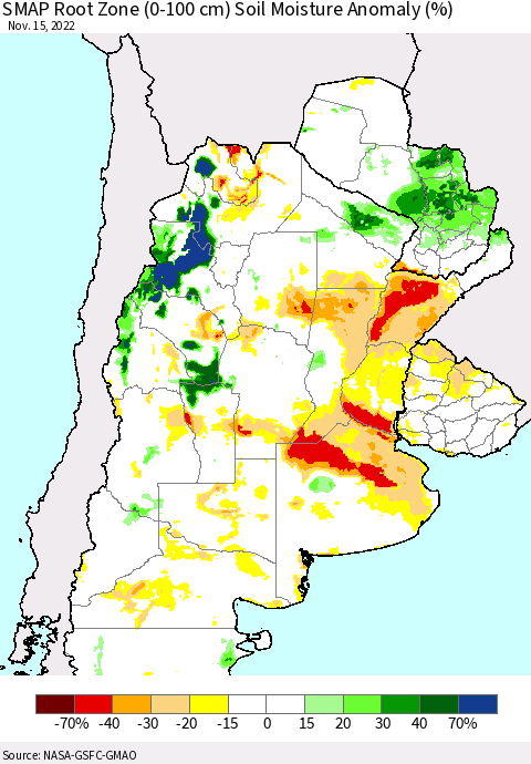 Southern South America SMAP Root Zone (0-100 cm) Soil Moisture Anomaly (%) Thematic Map For 11/11/2022 - 11/15/2022