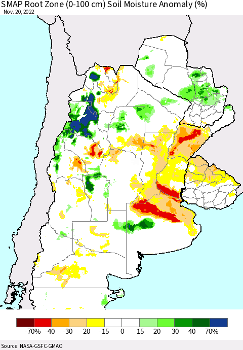 Southern South America SMAP Root Zone (0-100 cm) Soil Moisture Anomaly (%) Thematic Map For 11/16/2022 - 11/20/2022