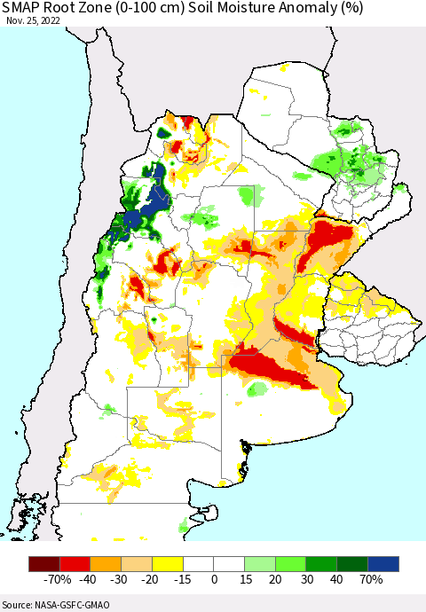 Southern South America SMAP Root Zone (0-100 cm) Soil Moisture Anomaly (%) Thematic Map For 11/21/2022 - 11/25/2022