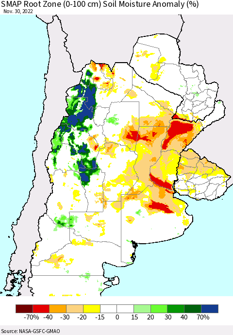 Southern South America SMAP Root Zone (0-100 cm) Soil Moisture Anomaly (%) Thematic Map For 11/26/2022 - 11/30/2022