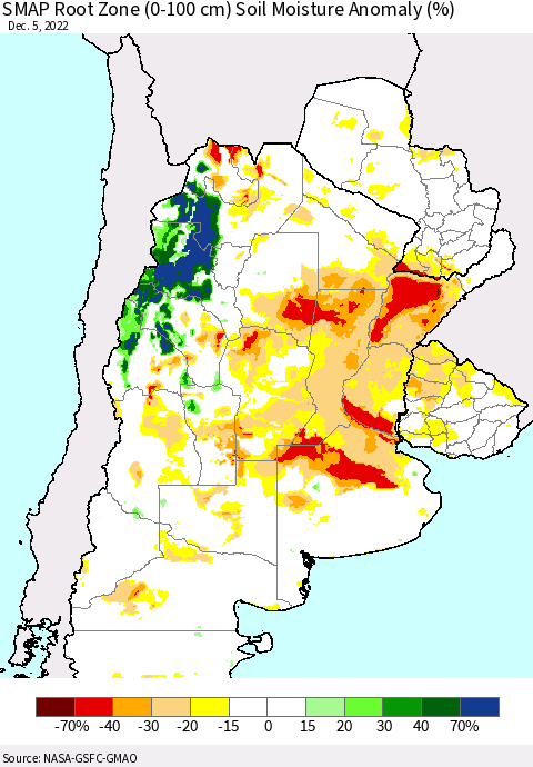 Southern South America SMAP Root Zone (0-100 cm) Soil Moisture Anomaly (%) Thematic Map For 12/1/2022 - 12/5/2022