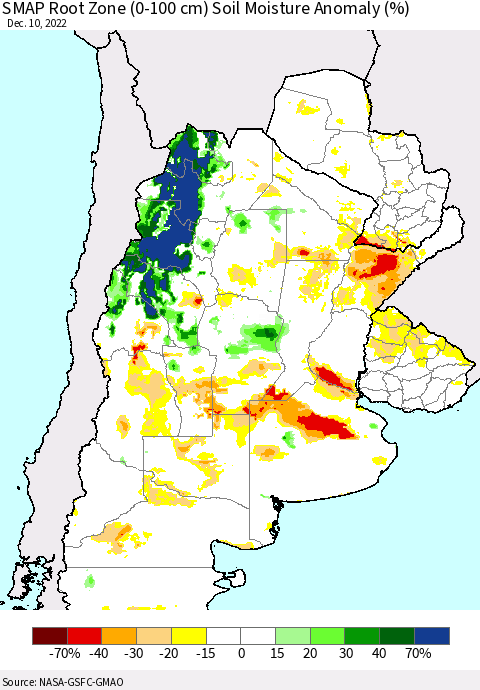 Southern South America SMAP Root Zone (0-100 cm) Soil Moisture Anomaly (%) Thematic Map For 12/6/2022 - 12/10/2022
