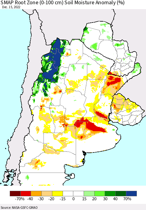 Southern South America SMAP Root Zone (0-100 cm) Soil Moisture Anomaly (%) Thematic Map For 12/11/2022 - 12/15/2022