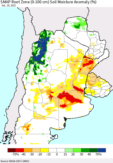 Southern South America SMAP Root Zone (0-100 cm) Soil Moisture Anomaly (%) Thematic Map For 12/16/2022 - 12/20/2022