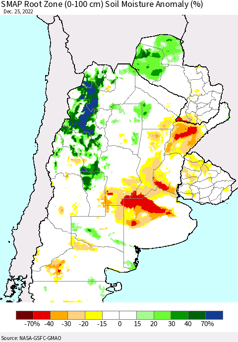 Southern South America SMAP Root Zone (0-100 cm) Soil Moisture Anomaly (%) Thematic Map For 12/21/2022 - 12/25/2022