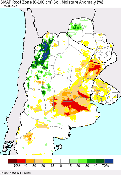 Southern South America SMAP Root Zone (0-100 cm) Soil Moisture Anomaly (%) Thematic Map For 12/26/2022 - 12/31/2022