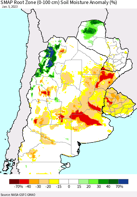 Southern South America SMAP Root Zone (0-100 cm) Soil Moisture Anomaly (%) Thematic Map For 1/1/2023 - 1/5/2023