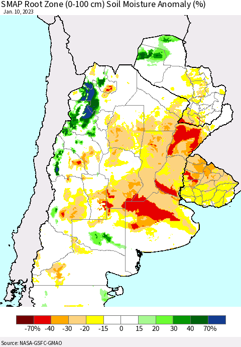 Southern South America SMAP Root Zone (0-100 cm) Soil Moisture Anomaly (%) Thematic Map For 1/6/2023 - 1/10/2023