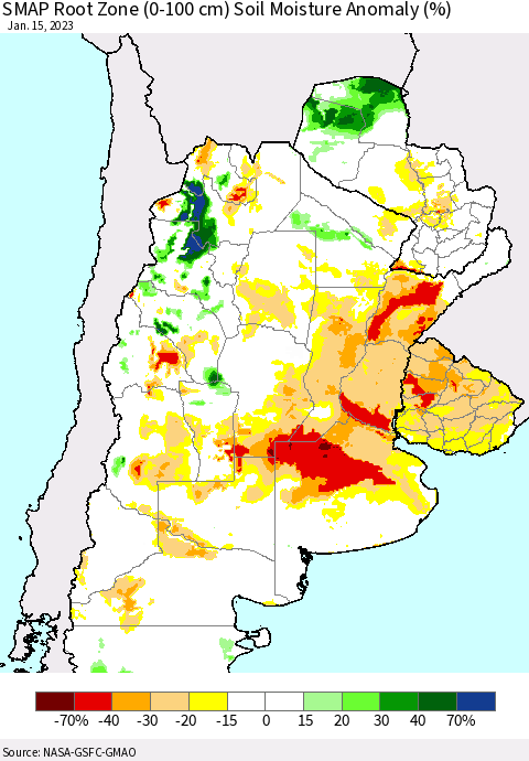 Southern South America SMAP Root Zone (0-100 cm) Soil Moisture Anomaly (%) Thematic Map For 1/11/2023 - 1/15/2023