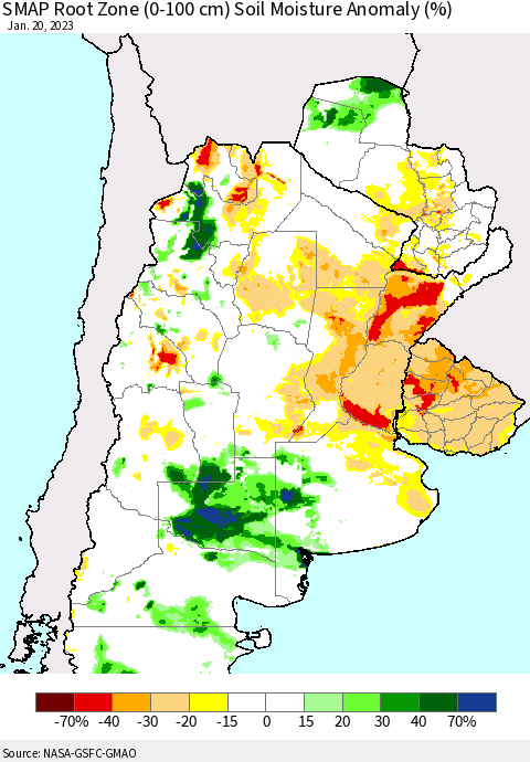 Southern South America SMAP Root Zone (0-100 cm) Soil Moisture Anomaly (%) Thematic Map For 1/16/2023 - 1/20/2023