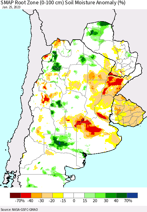 Southern South America SMAP Root Zone (0-100 cm) Soil Moisture Anomaly (%) Thematic Map For 1/21/2023 - 1/25/2023