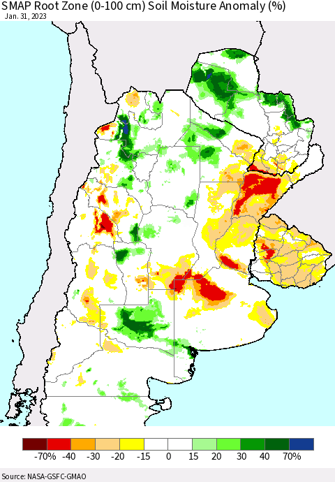 Southern South America SMAP Root Zone (0-100 cm) Soil Moisture Anomaly (%) Thematic Map For 1/26/2023 - 1/31/2023
