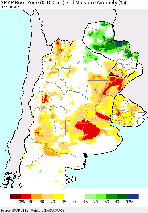 Southern South America SMAP Root Zone (0-100 cm) Soil Moisture Anomaly (%) Thematic Map For 2/26/2023 - 2/28/2023