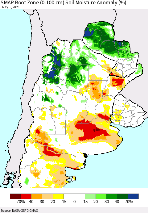 Southern South America SMAP Root Zone (0-100 cm) Soil Moisture Anomaly (%) Thematic Map For 5/1/2023 - 5/5/2023