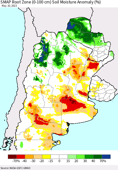 Southern South America SMAP Root Zone (0-100 cm) Soil Moisture Anomaly (%) Thematic Map For 5/6/2023 - 5/10/2023