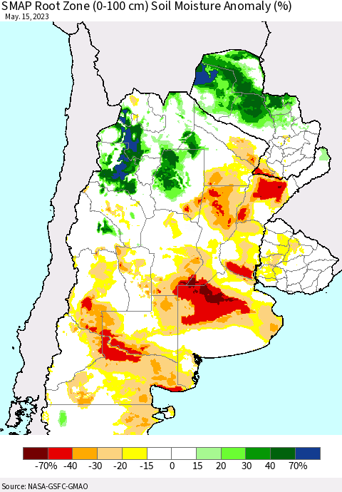 Southern South America SMAP Root Zone (0-100 cm) Soil Moisture Anomaly (%) Thematic Map For 5/11/2023 - 5/15/2023