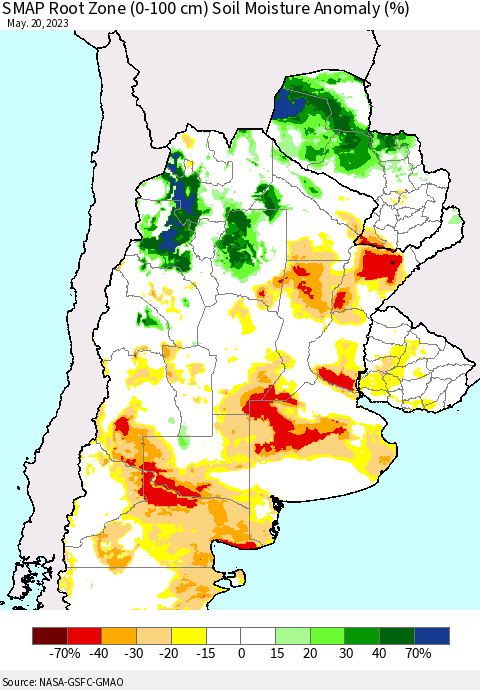 Southern South America SMAP Root Zone (0-100 cm) Soil Moisture Anomaly (%) Thematic Map For 5/16/2023 - 5/20/2023