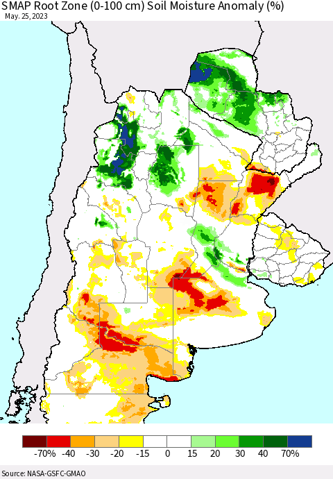 Southern South America SMAP Root Zone (0-100 cm) Soil Moisture Anomaly (%) Thematic Map For 5/21/2023 - 5/25/2023