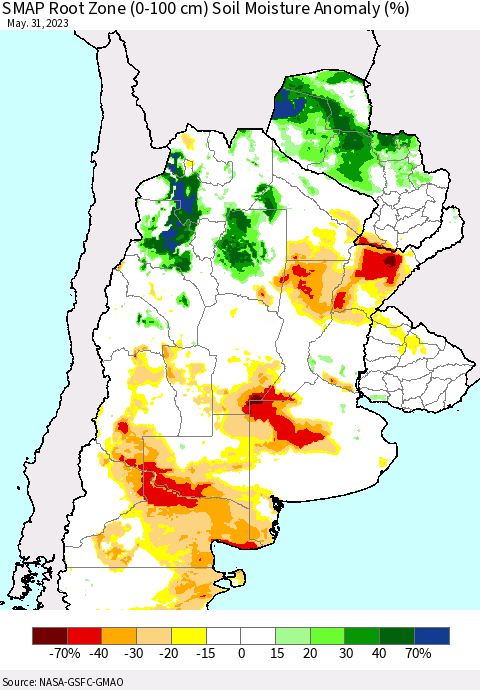Southern South America SMAP Root Zone (0-100 cm) Soil Moisture Anomaly (%) Thematic Map For 5/26/2023 - 5/31/2023