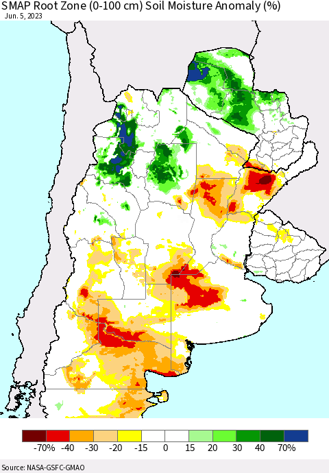 Southern South America SMAP Root Zone (0-100 cm) Soil Moisture Anomaly (%) Thematic Map For 6/1/2023 - 6/5/2023