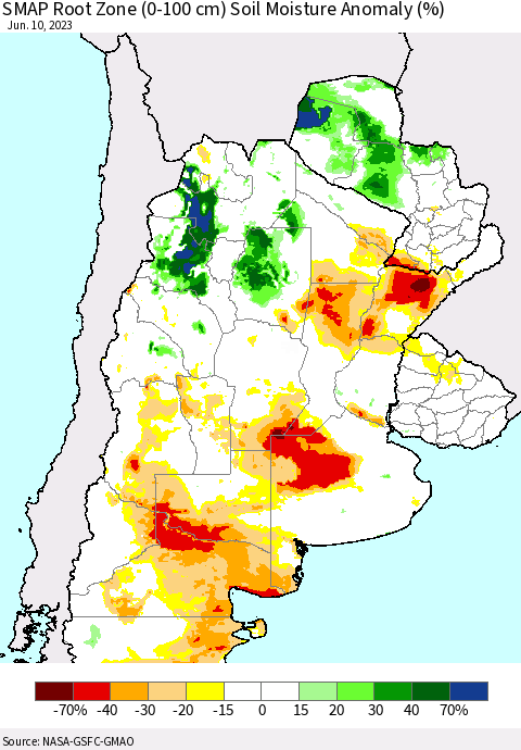 Southern South America SMAP Root Zone (0-100 cm) Soil Moisture Anomaly (%) Thematic Map For 6/6/2023 - 6/10/2023