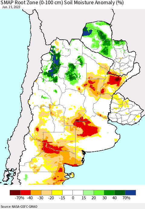 Southern South America SMAP Root Zone (0-100 cm) Soil Moisture Anomaly (%) Thematic Map For 6/11/2023 - 6/15/2023