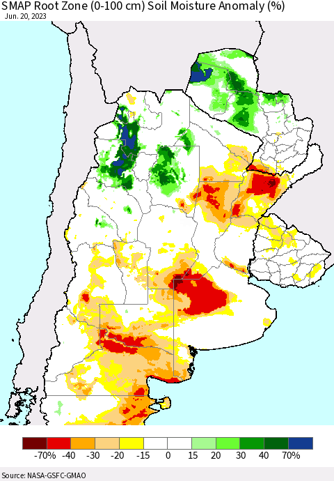 Southern South America SMAP Root Zone (0-100 cm) Soil Moisture Anomaly (%) Thematic Map For 6/16/2023 - 6/20/2023