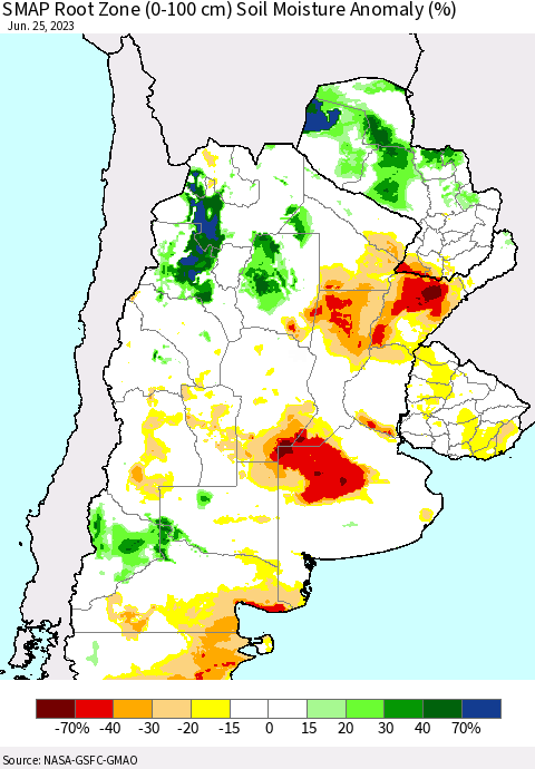 Southern South America SMAP Root Zone (0-100 cm) Soil Moisture Anomaly (%) Thematic Map For 6/21/2023 - 6/25/2023