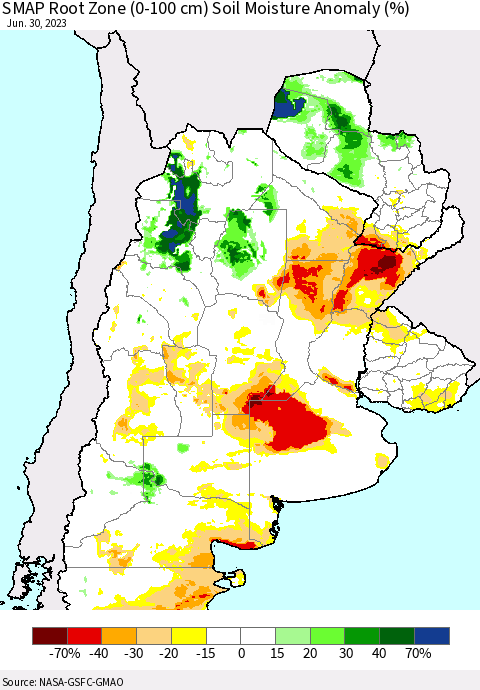 Southern South America SMAP Root Zone (0-100 cm) Soil Moisture Anomaly (%) Thematic Map For 6/26/2023 - 6/30/2023