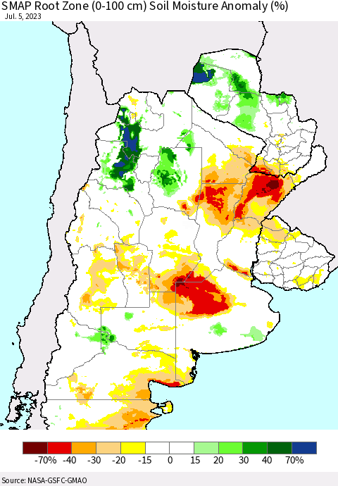 Southern South America SMAP Root Zone (0-100 cm) Soil Moisture Anomaly (%) Thematic Map For 7/1/2023 - 7/5/2023