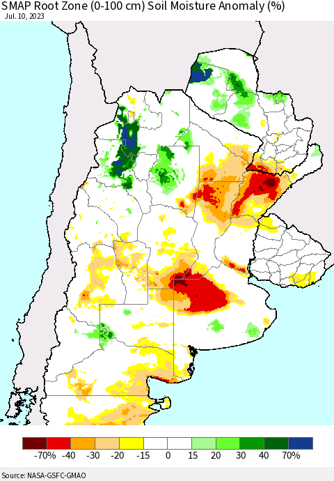 Southern South America SMAP Root Zone (0-100 cm) Soil Moisture Anomaly (%) Thematic Map For 7/6/2023 - 7/10/2023
