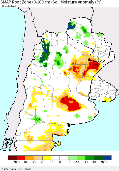 Southern South America SMAP Root Zone (0-100 cm) Soil Moisture Anomaly (%) Thematic Map For 7/11/2023 - 7/15/2023