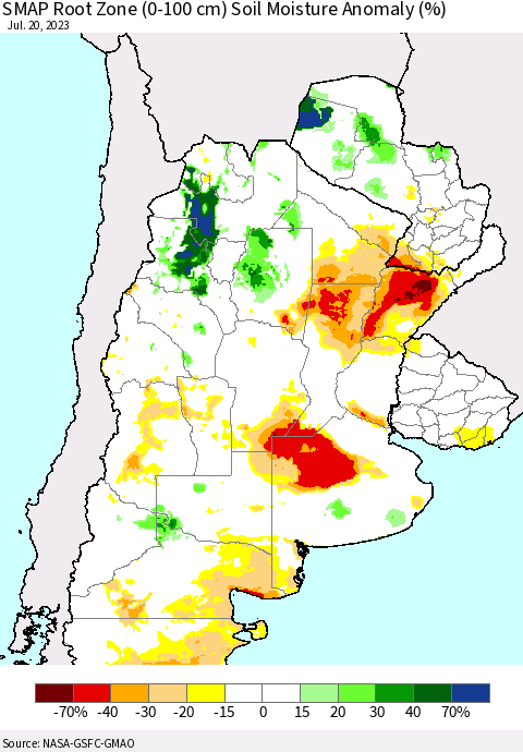 Southern South America SMAP Root Zone (0-100 cm) Soil Moisture Anomaly (%) Thematic Map For 7/16/2023 - 7/20/2023